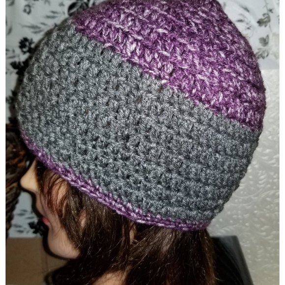 Adult Teen Beanie Grey Purple Heather Crochet Cable Knit Winter Watch Cap Hat - Picture 1 of 4